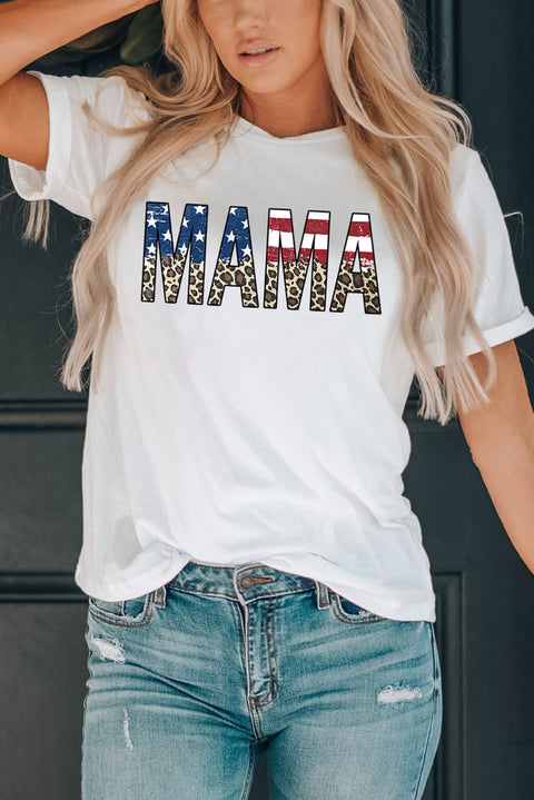 White MAMA Flag Leopard Letter Graphic Cotton T Shirt