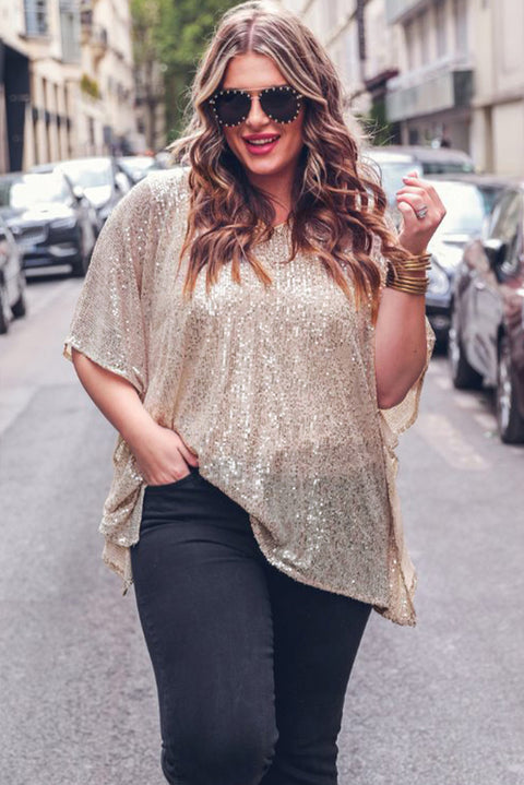 Apricot Plus Size Sequined V Neck Boxy Top