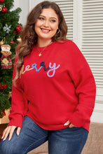 Fiery Red Tinsel merry Pattern Drop Shoulder Plus Size Sweater