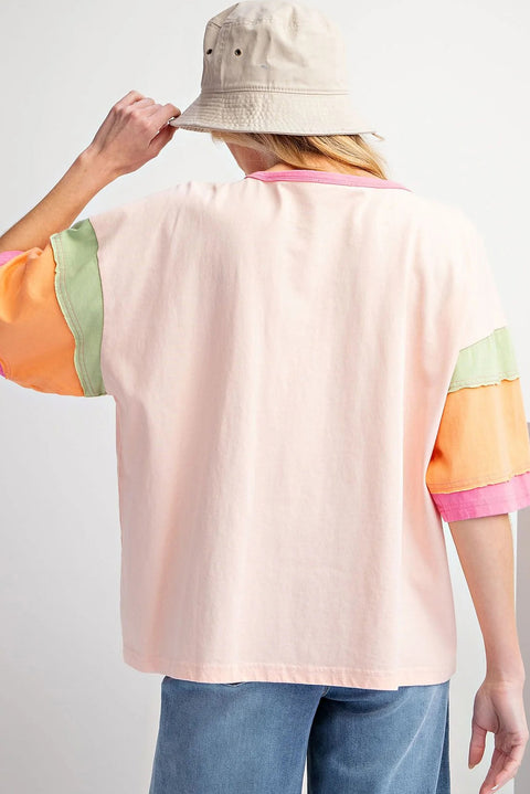 Pink Flower Color Block Half Sleeve Loose T Shirt