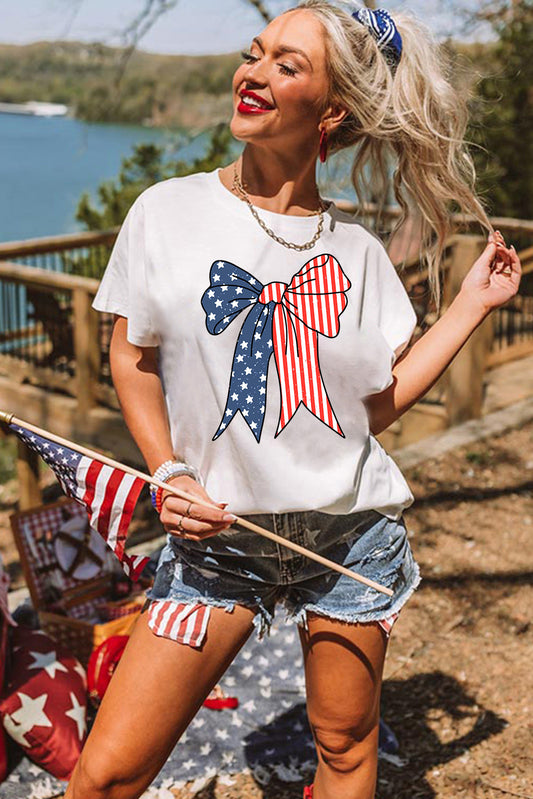 White American Flag Bow Knot Print Slim Fit Crewneck Tee