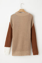 Khaki Mix Textured Knit Colorblock Patchwork Sweater