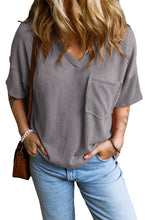 Light Grey Corded V Neck Chest Pocket Loose T-shirt