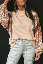 Parchment Contrast Floral Patchwork Puff Sleeve Waffle Knit Top