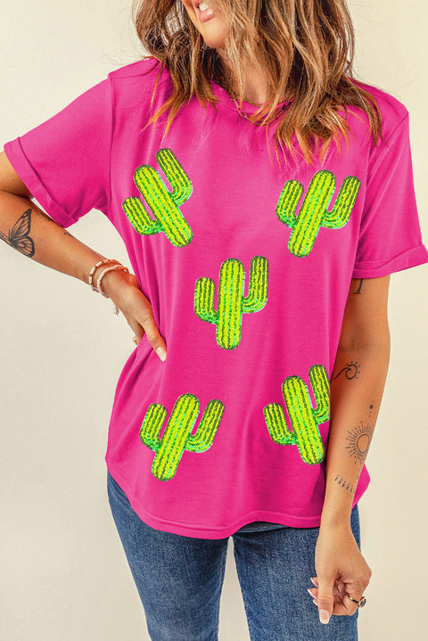 Rose Red Western Sequin Cactus Round Neck Graphic T Shirt