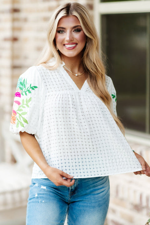 White Floral Embroidered Puff Sleeve Notched Neck Blouse