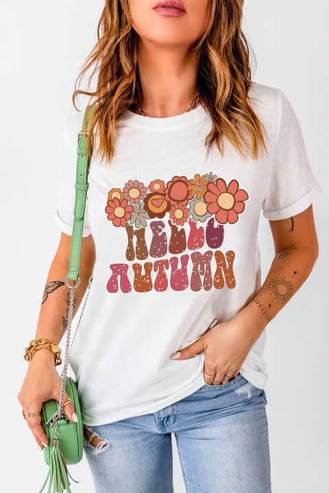 White Floral HELLO AUTUMN Printed Crewneck T Shirt