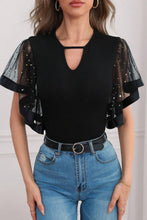 Black Starry Mesh Flutter Sleeve Slim Fit Top