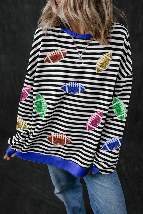 Black Stripe Sequin Rugby Football Drop Shoulder Pullover Sweatshirt