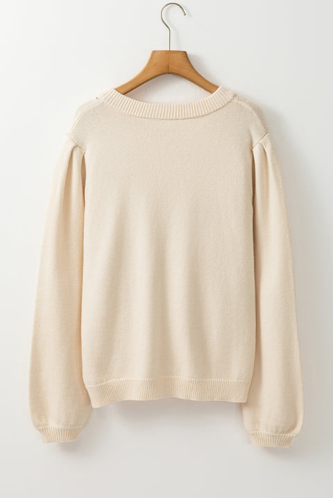 Apricot Pleated Sleeve Hollow Detail Button Sweater Cardigan