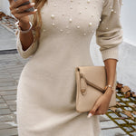 Parchment Pearl Beaded High Neck Bodycon Sweater Dress