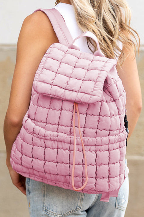 Pink Solid Flapped Quilted Puffer Backpack