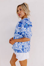 Dark Blue Floral Print Ruffled Bubble Sleeve Blouse