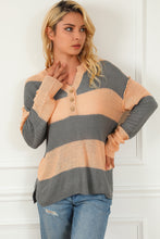 Khaki Striped Side Split Henley Sweater