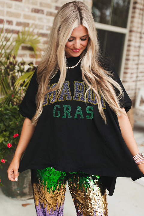 Black Rhinestone Mardi Gras Letter Graphic Oversized T Shirt