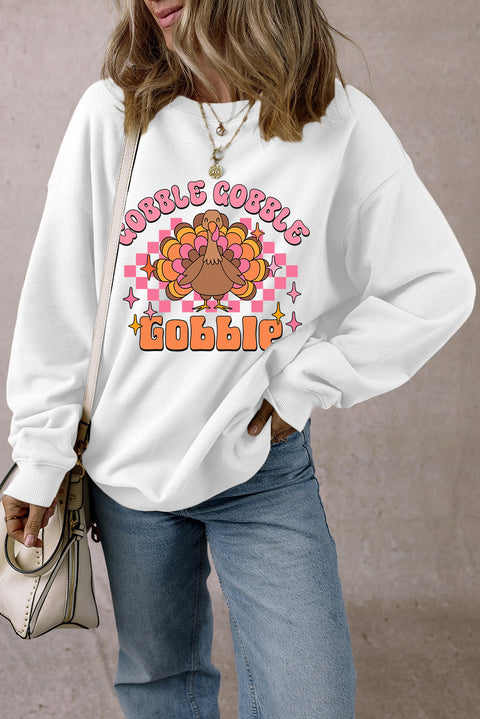 White Gobble Gobble Turkey Graphic Crewneck Thanksgiving Sweatshirt