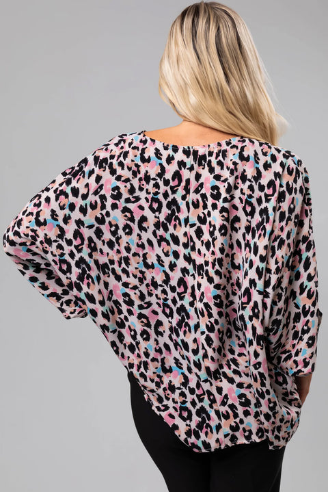 Brown Leopard Print V Neck Batwing Sleeve Plus Size Top