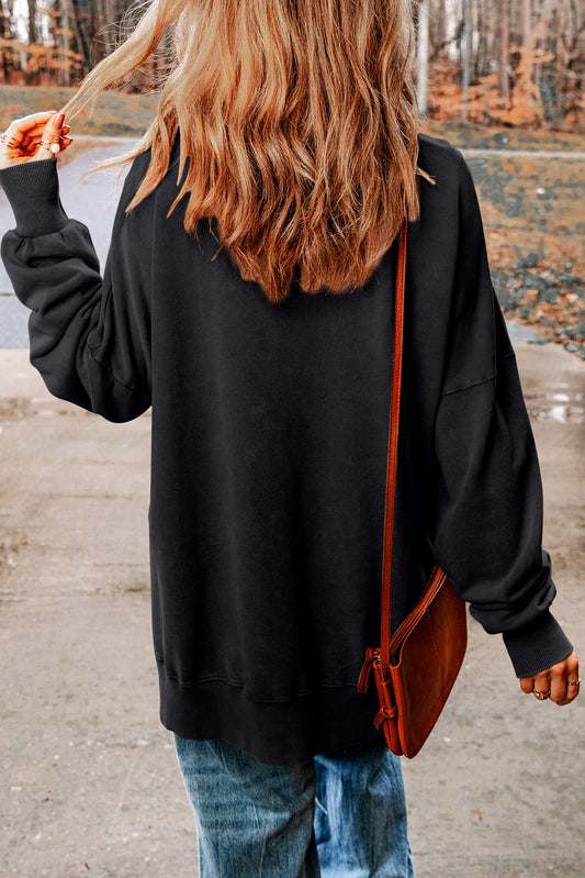 Black Slogan Print Side Split Oversized Sweatshirt