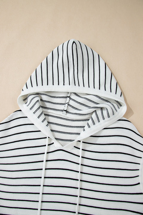 White Stripe Drawstring Hooded Loose Sweater T Shirt