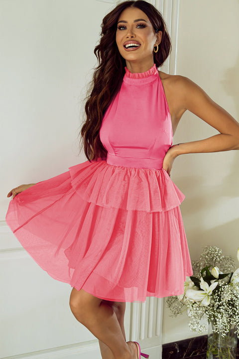 Strawberry Pink Gauze Ruffle Tiered Knotted Halter Dress