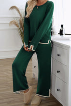 Blackish Green Contrast Trim Split Cuffs Long 2pcs Sweater Outfit Loungewear