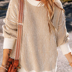 Chestnut Striped Textured Knit Contrast Edge Loose Sweater