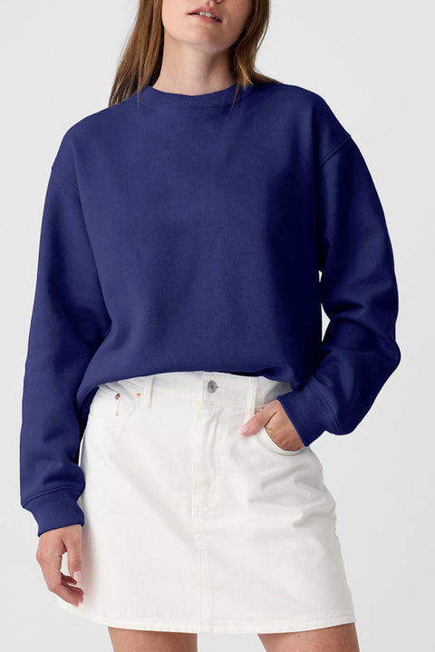 Navy Blue Plain Drop Shoulder Crewneck Pullover Sweatshirt