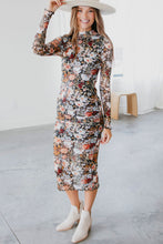 Brown Floral Allover Print Mock Neck Bodycon Long Sleeve Midi Dress