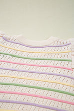 Oatmeal Colorful Striped Eyelet Knit Ruffled Sleeve Sweater T Shirt