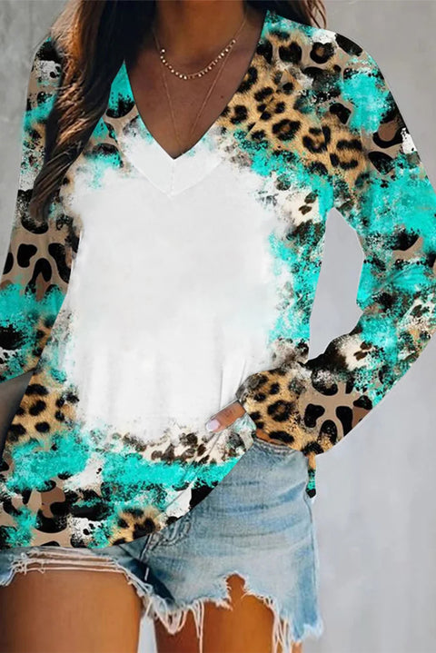 Light Blue Leopard Tie Dye Western Long Sleeve Top