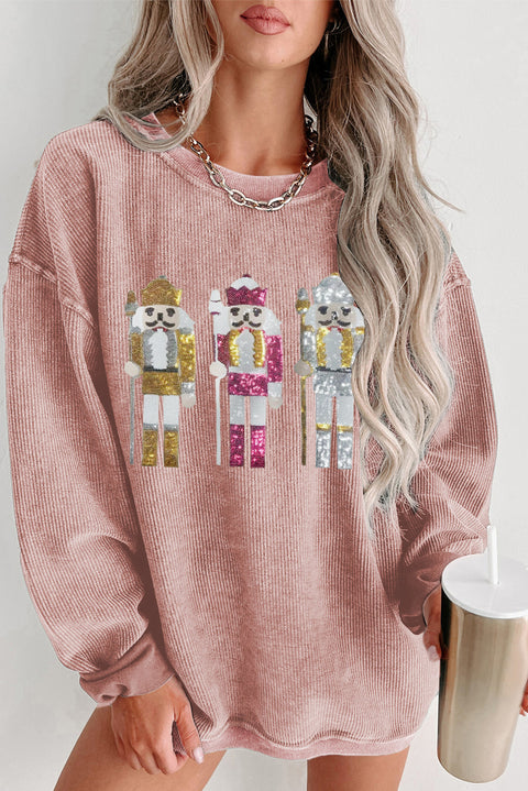 Pink Christmas Nutcracker Pattern Ribbed Oversized Sweatshirt