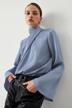 Ivy Asymmetric Pleated Turtleneck Bell Sleeve Blouse