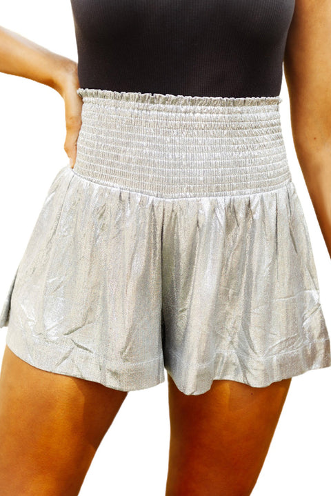 Metallic Sheen Smocked High Waist Shorts