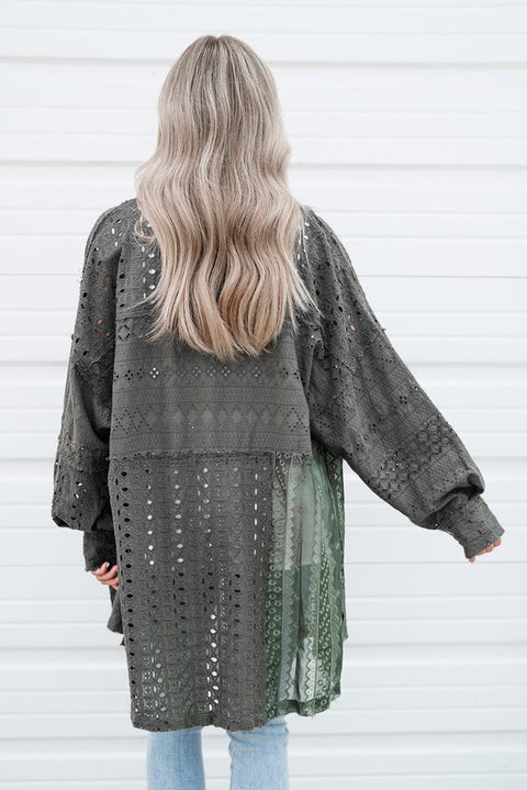 Duffel Green Eyelet Pattern Patchwork Oversized Button Up Shacket