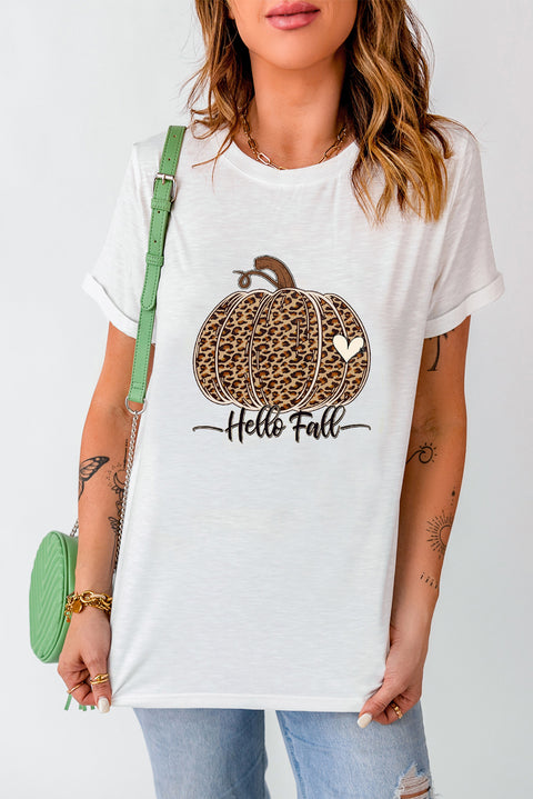 White Hello Fall Leopard Pumpkin Graphic T Shirt