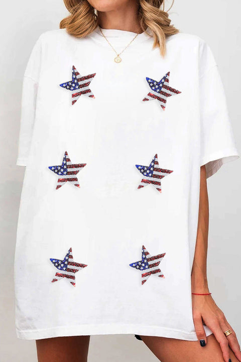 White Sequin American Flag Star Graphic Tunic T Shirt