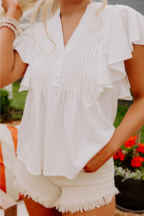 White V Neck Pleated Front Ruffled Sleeve Shirt