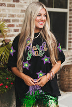 Black Sequin Stars mardi gras Lettering Oversize T Shirt