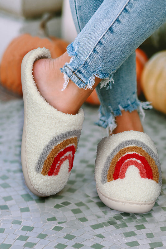 Zapatillas de casa de invierno de felpa con arco iris blanco brillante 