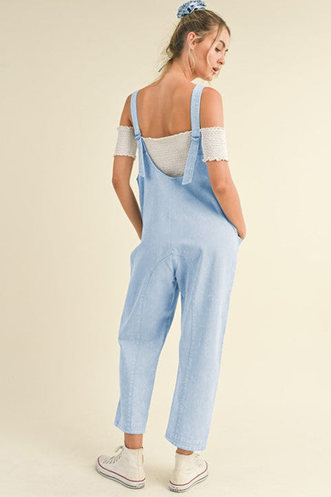 Beau Blue Adjustable Strap V Neck Pocketed Denim Overalls