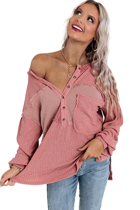 Pink Frayed Patchwork Waffle Knit Top