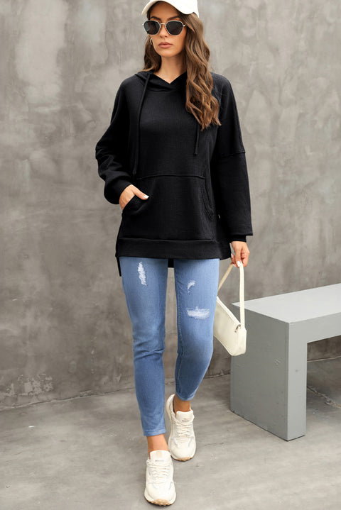 Black Waffle Knit Fleece Lined High Low Oversized Hoodie