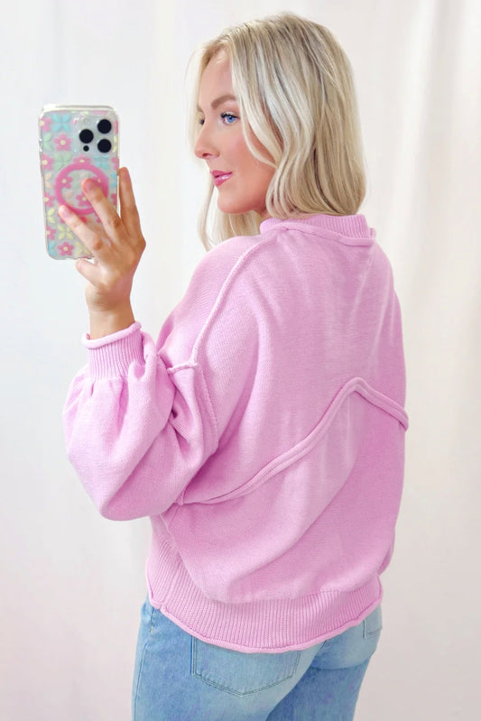 Pink Raw Edge Ribbed Detail Drop Shoulder Sweater