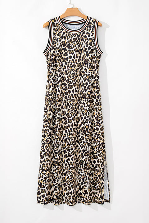 Black Contrast Striped Trim Leopard Sleeveless Maxi Dress