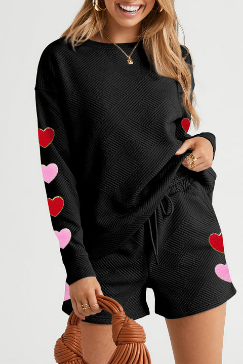 Black Heart Patch Long Sleeve Top and Shorts Textured 2pcs Set