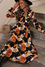 Orange Floral Print Tie Neck Long Sleeve Dress