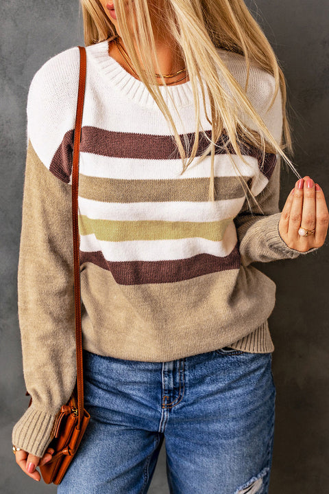 Khaki Crew Neck Striped Long Sleeve Sweater