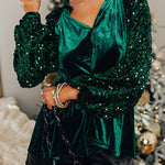 Evergreen Sequin Patchwork Sleeve Button Up Velvet Top