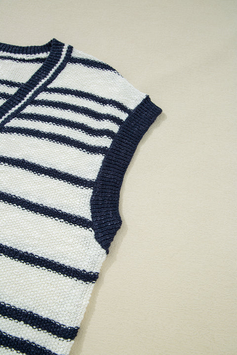 Blue Stripe Loose Buttoned V Neck Sweater Vest