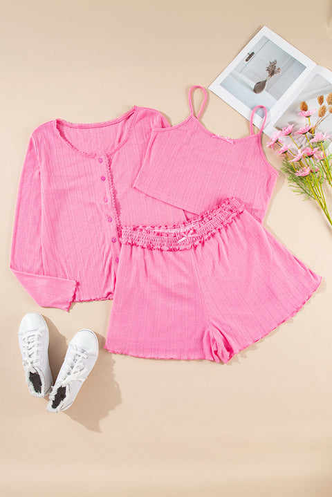 Bonbon Delicate Texture Cropped Cami Shorts and Cardigan 3pcs Lounge Set